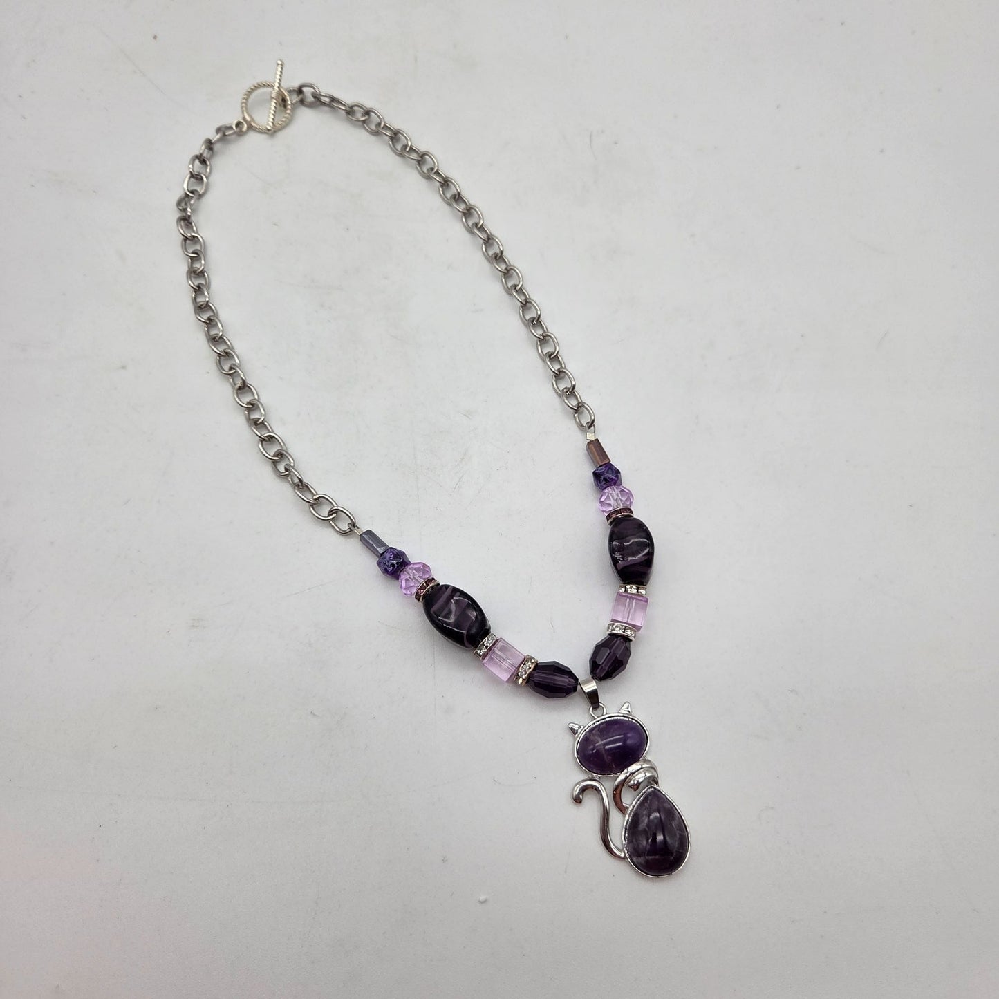 OOAK Handmade Purple Art Glass Bead & Amethyst Cat Pendant Statement Necklace