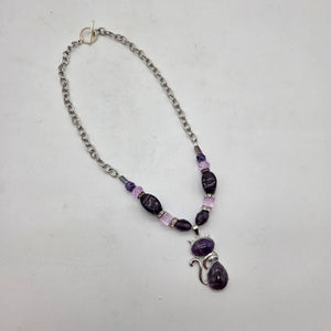 OOAK Handmade Purple Art Glass Bead & Amethyst Cat Pendant Statement Necklace