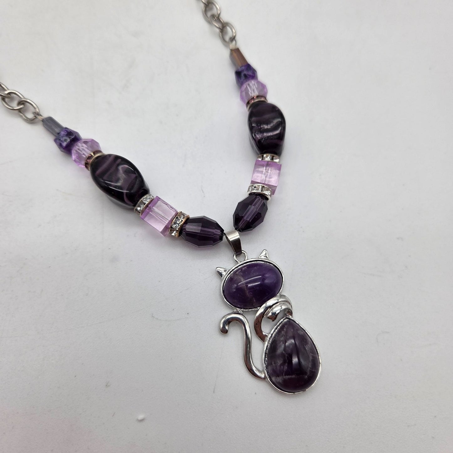 OOAK Handmade Purple Art Glass Bead & Amethyst Cat Pendant Statement Necklace