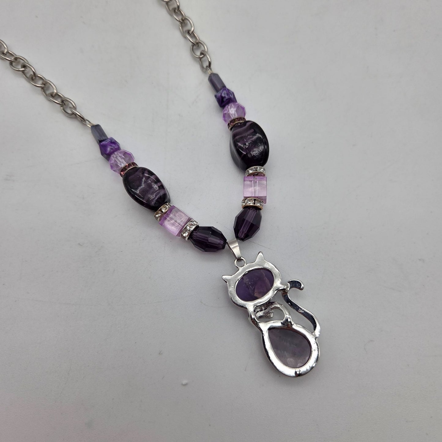 OOAK Handmade Purple Art Glass Bead & Amethyst Cat Pendant Statement Necklace