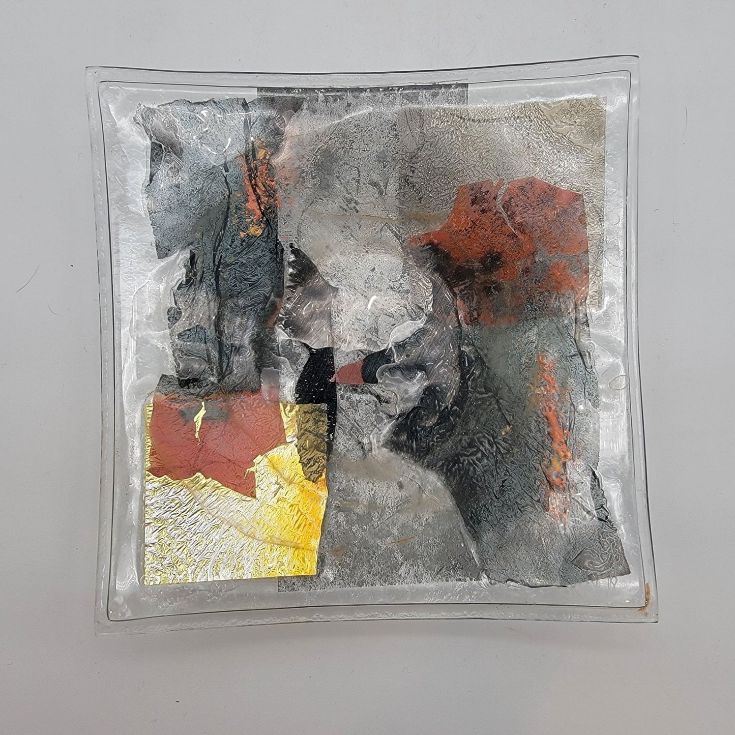 Abstract Fused Dichroic Art Glass Square Dish Signed