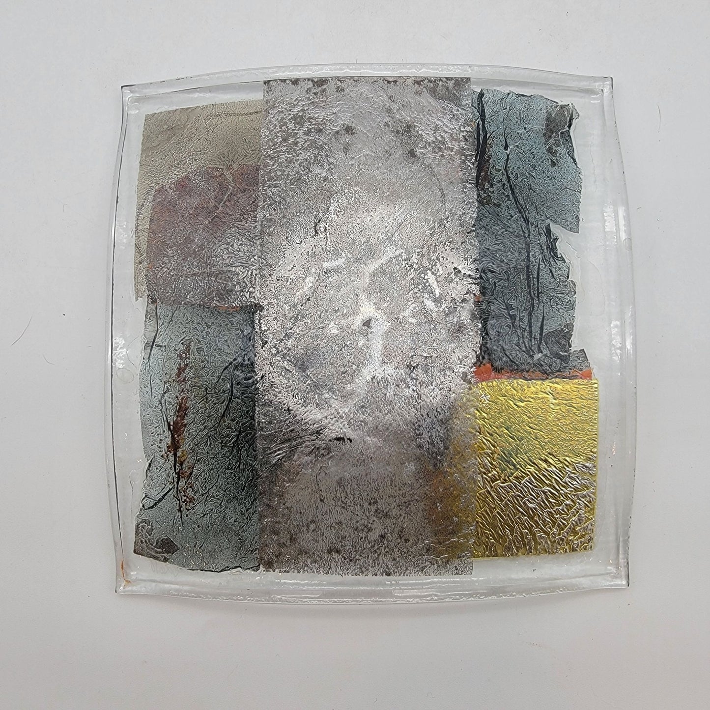Abstract Fused Dichroic Art Glass Square Dish Signed