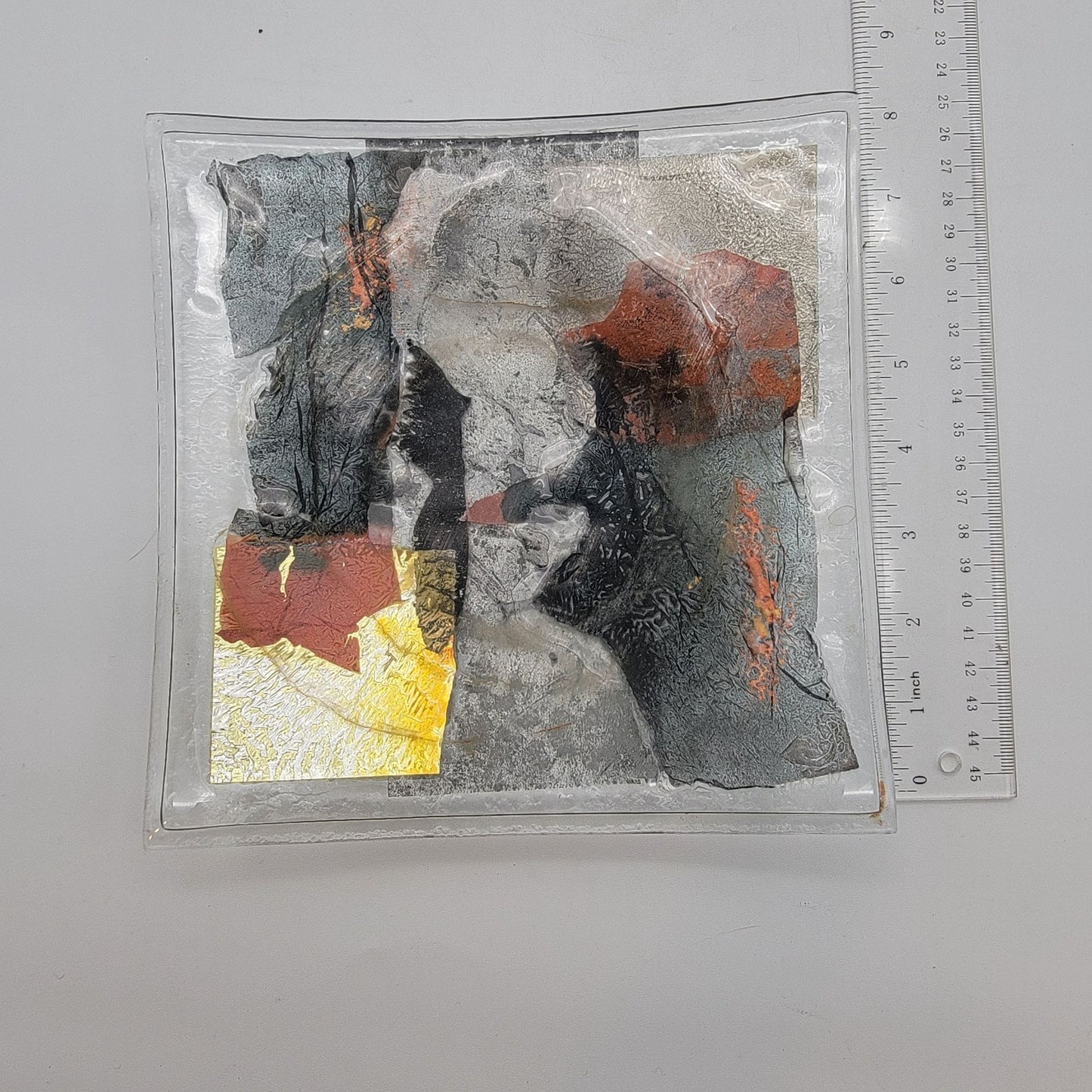 Abstract Fused Dichroic Art Glass Square Dish Signed