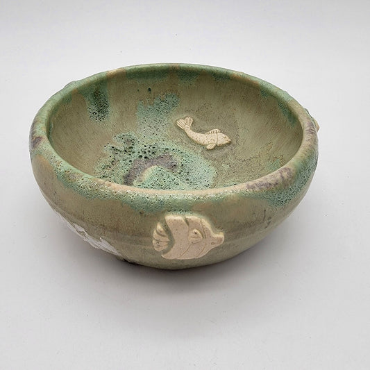 Signed 2004 Vintage Art Pottery Bowl With Raised Fish and Turtle