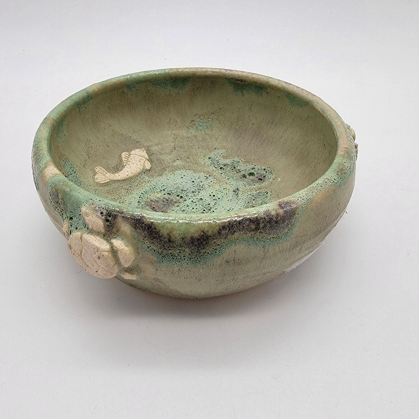 Signed 2004 Vintage Art Pottery Bowl With Raised Fish and Turtle