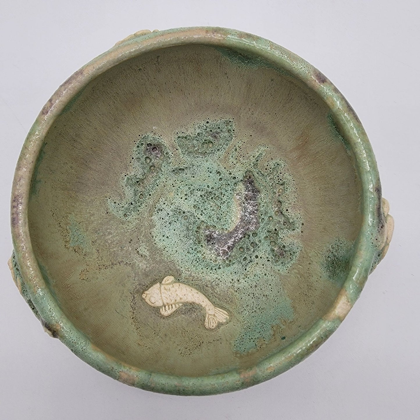 Signed 2004 Vintage Art Pottery Bowl With Raised Fish and Turtle