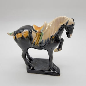 Vintage Chinese Tang Dynasty Repro Sancai Black Drip Glazed Pottery War Horse Figurine