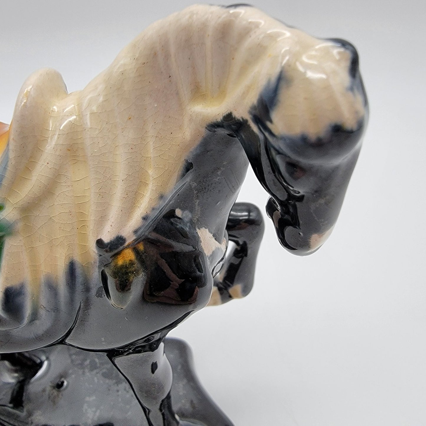 Vintage Chinese Tang Dynasty Repro Sancai Black Drip Glazed Pottery War Horse Figurine