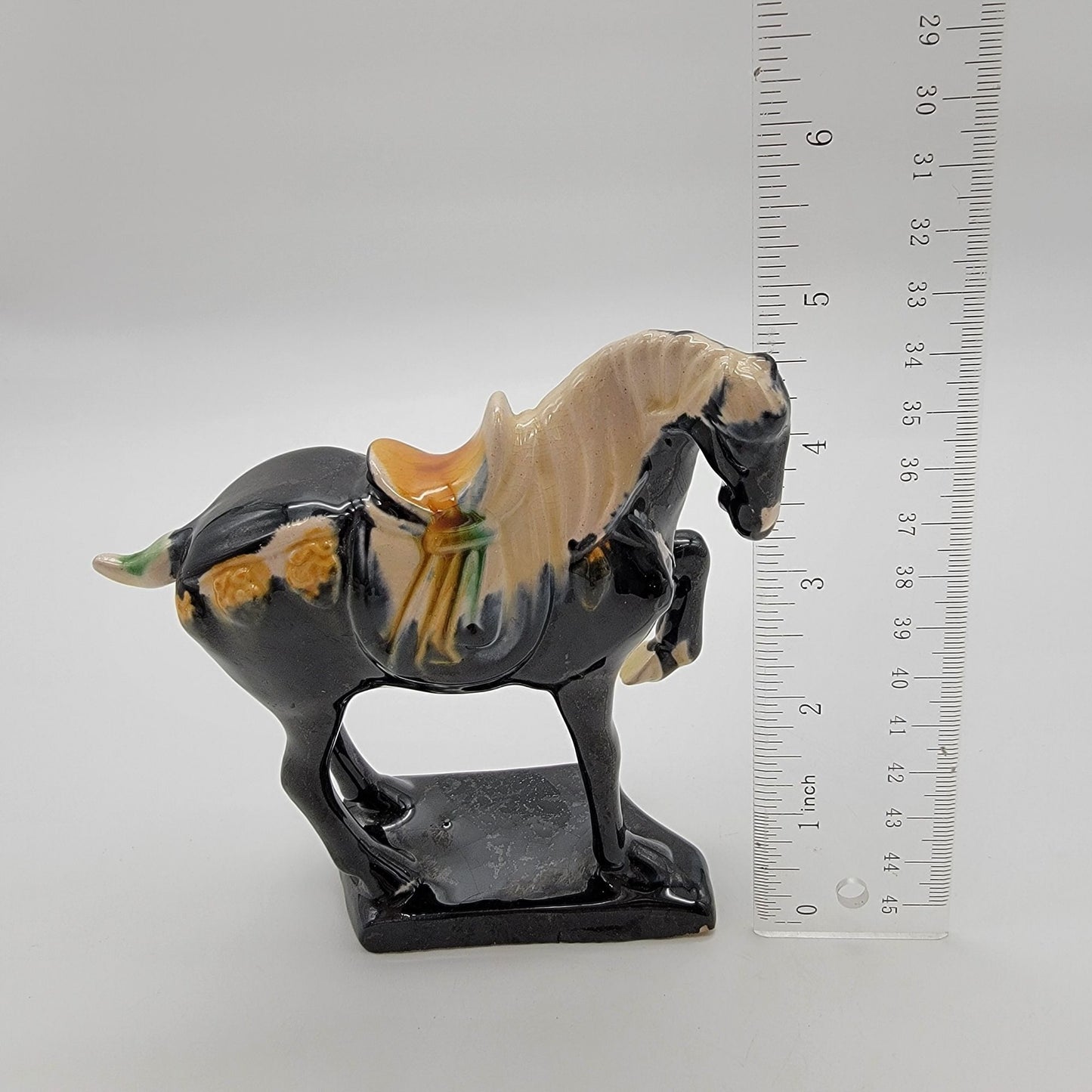 Vintage Chinese Tang Dynasty Repro Sancai Black Drip Glazed Pottery War Horse Figurine