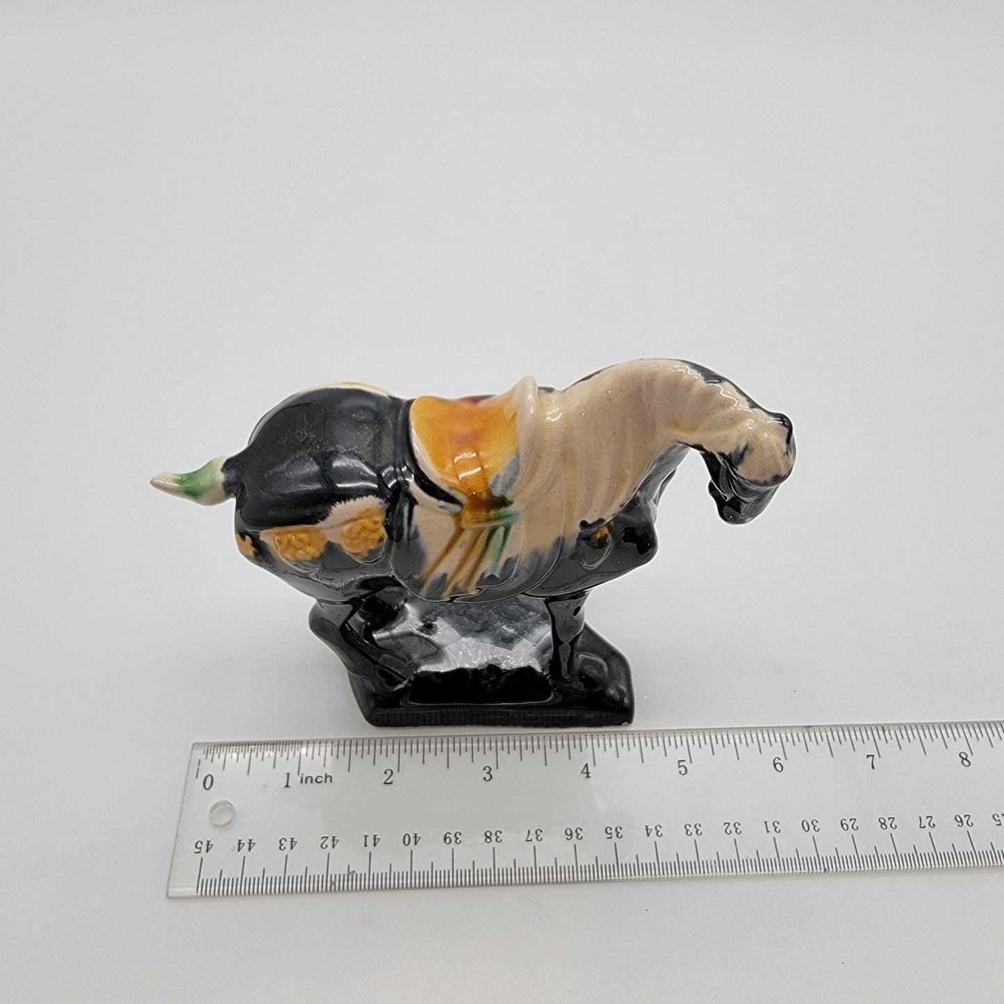 Vintage Chinese Tang Dynasty Repro Sancai Black Drip Glazed Pottery War Horse Figurine
