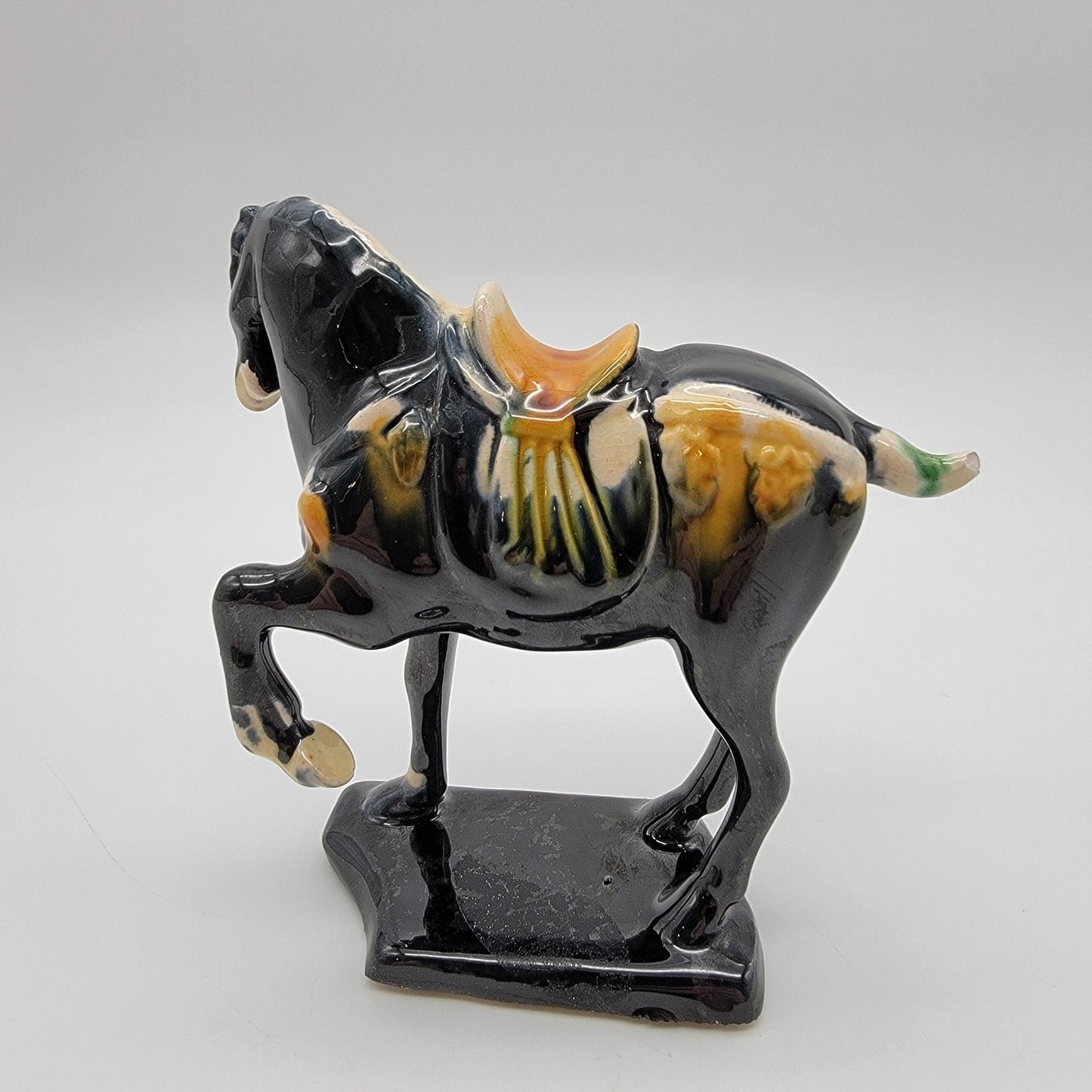 Vintage Chinese Tang Dynasty Repro Sancai Black Drip Glazed Pottery War Horse Figurine