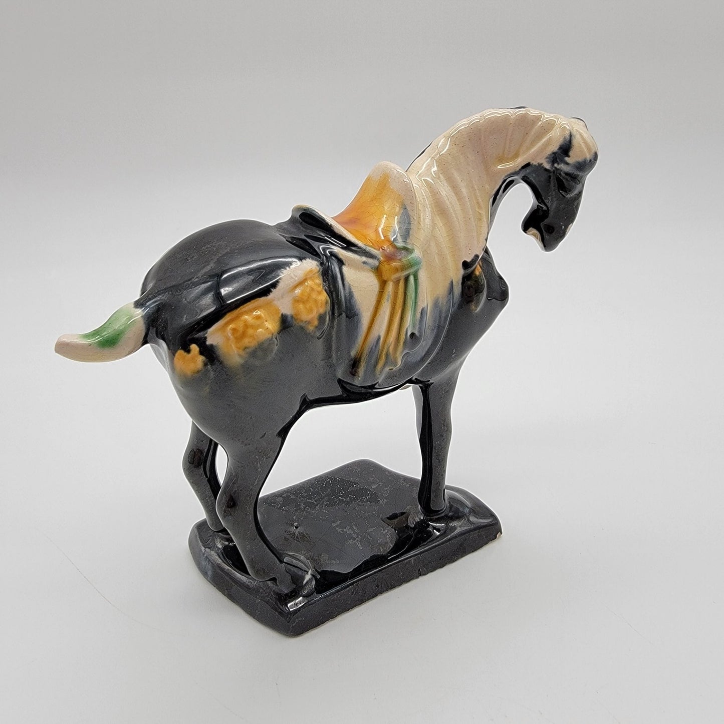 Vintage Chinese Tang Dynasty Repro Sancai Black Drip Glazed Pottery War Horse Figurine