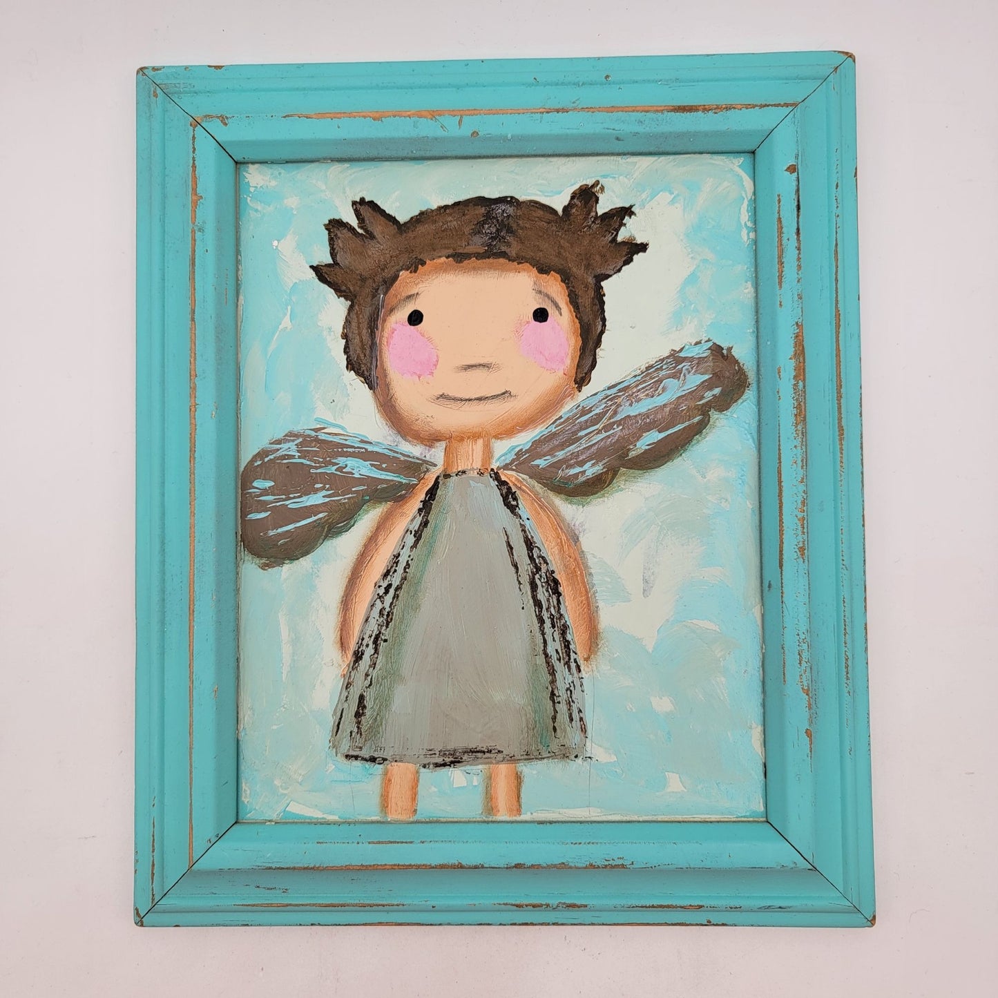 Vintage Original Angel Child Painting on Board Turquoise Frame
