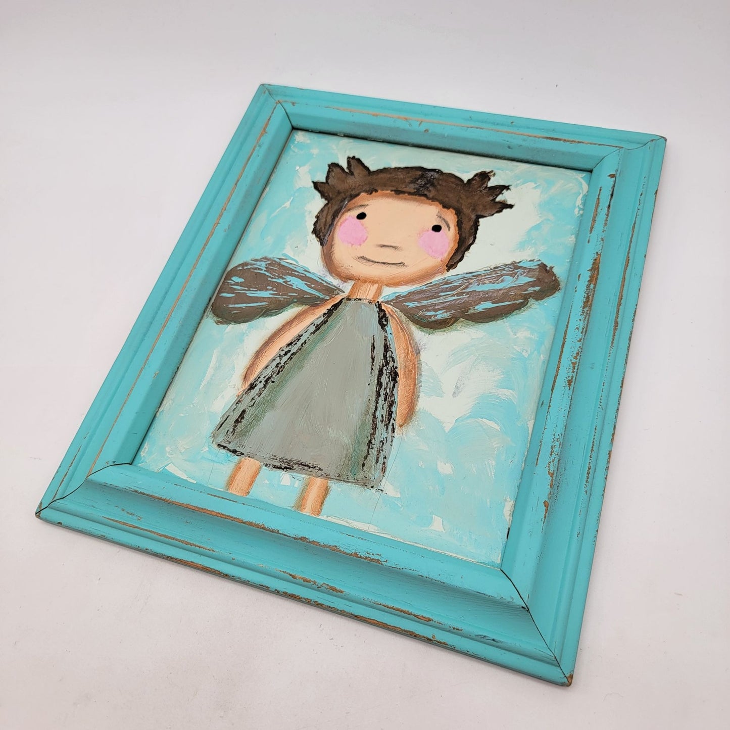 Vintage Original Angel Child Painting on Board Turquoise Frame