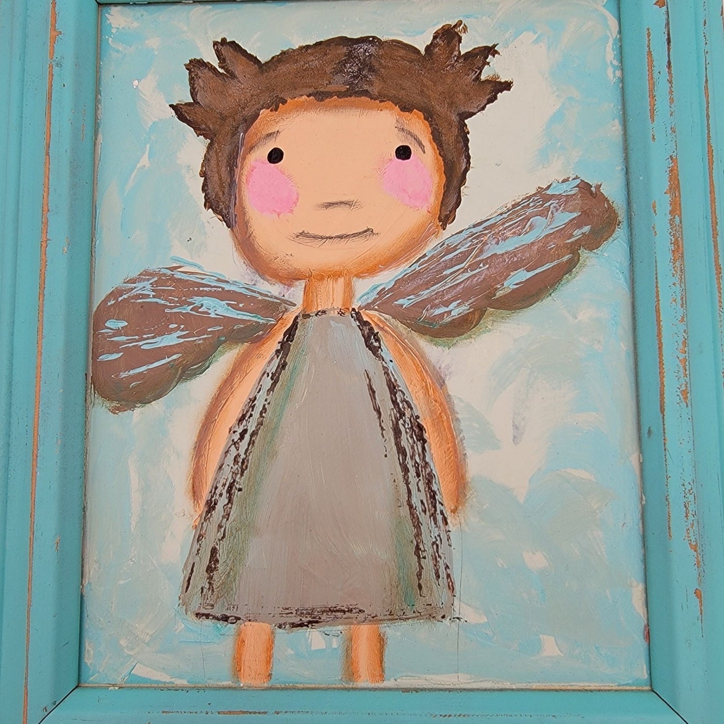 Vintage Original Angel Child Painting on Board Turquoise Frame