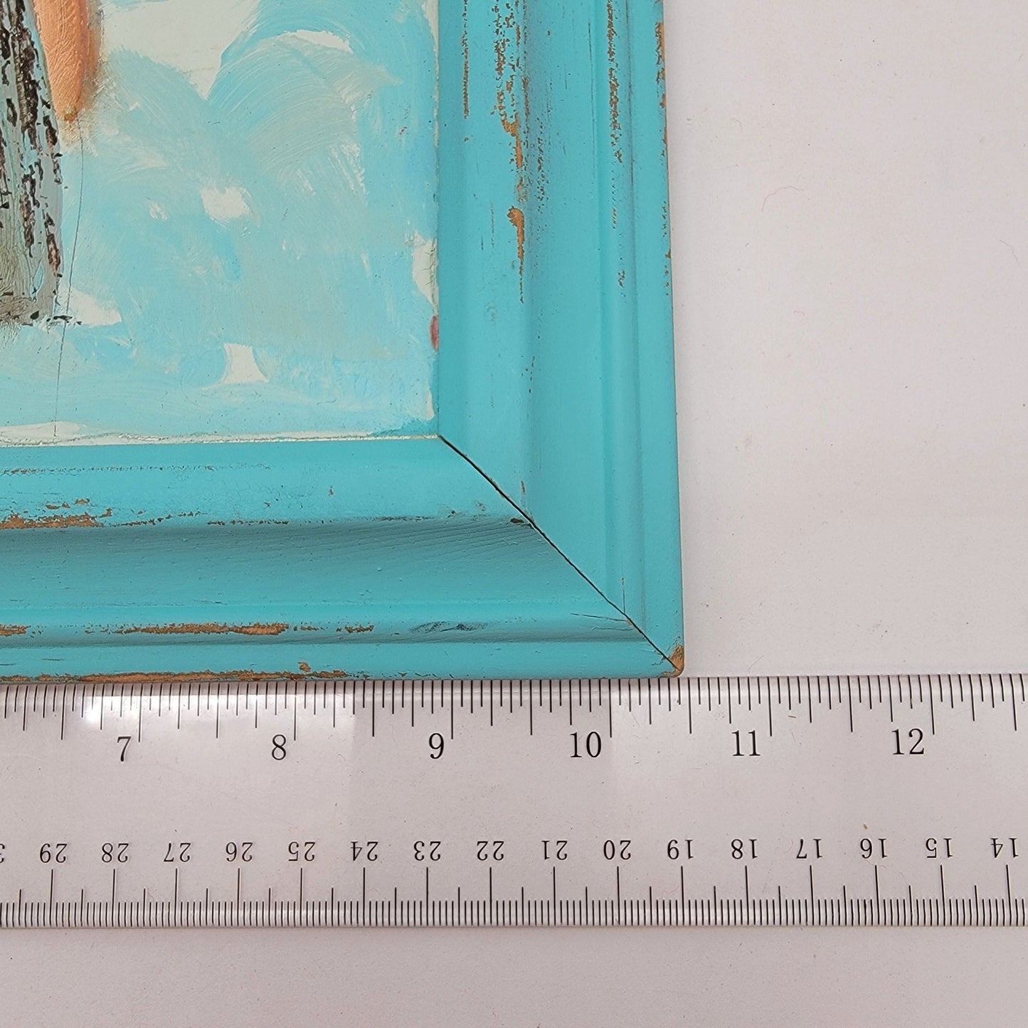 Vintage Original Angel Child Painting on Board Turquoise Frame