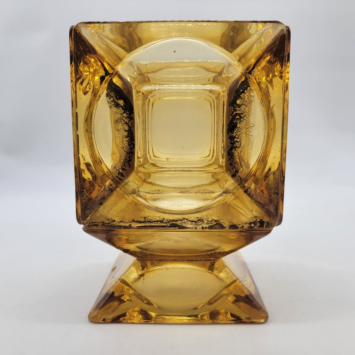 1970s Upcycled Amber Glass Ashtray Cube Vase Candle Holder