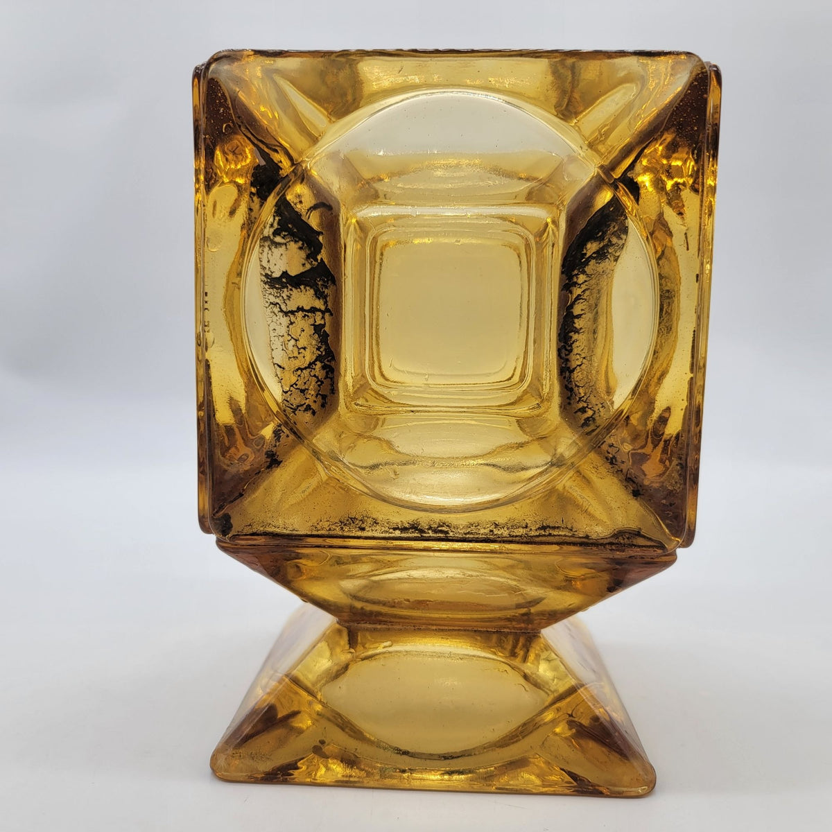 1970s Upcycled Amber Glass Ashtray Cube Vase Candle Holder