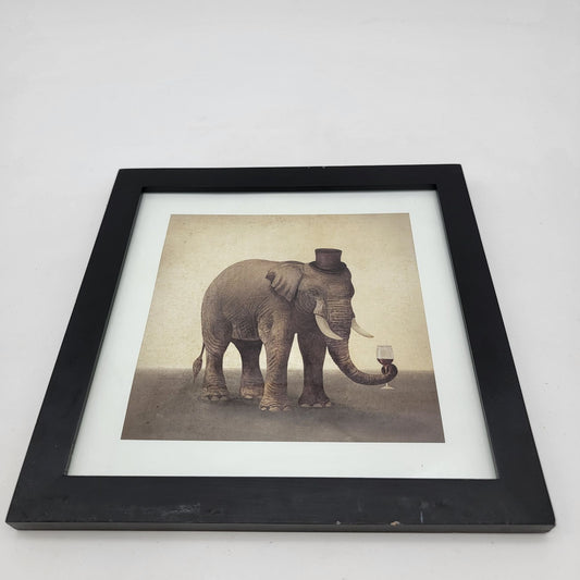 Vintage Framed Elephant With Top Hat & Wine Glass Art Print By Terry Fan