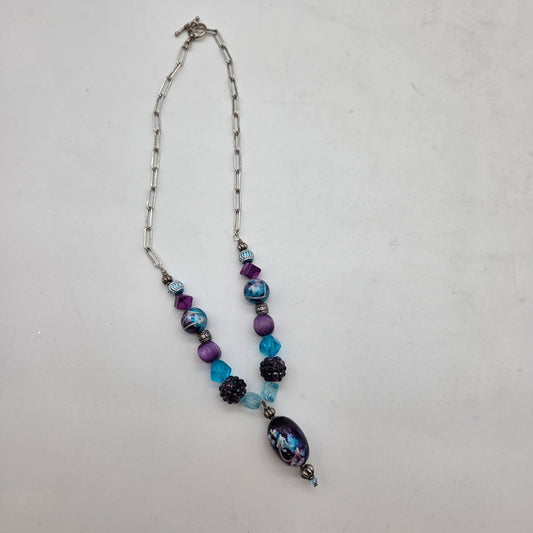 OOAK Handmade Art Glass Purple & Blue Beaded Pendant Necklace