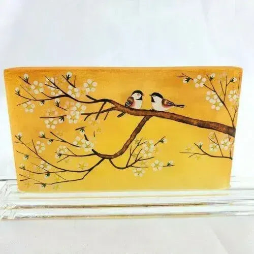 Jacarte Archelan Studio Glass Reverse Painted Vase 2007 Birds Asian Cherry Tree