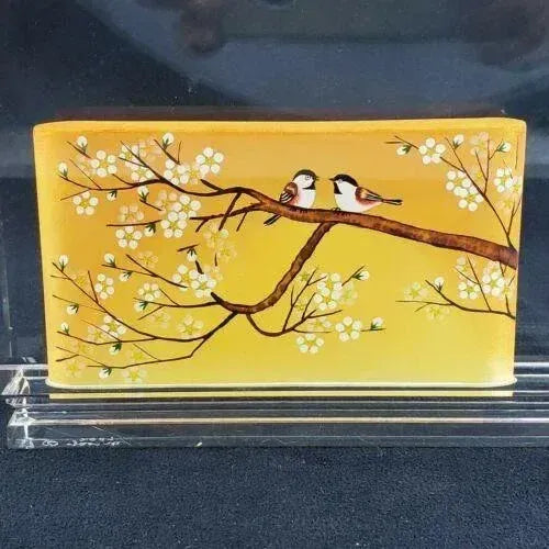 Jacarte Archelan Studio Glass Reverse Painted Vase 2007 Birds Asian Cherry Tree