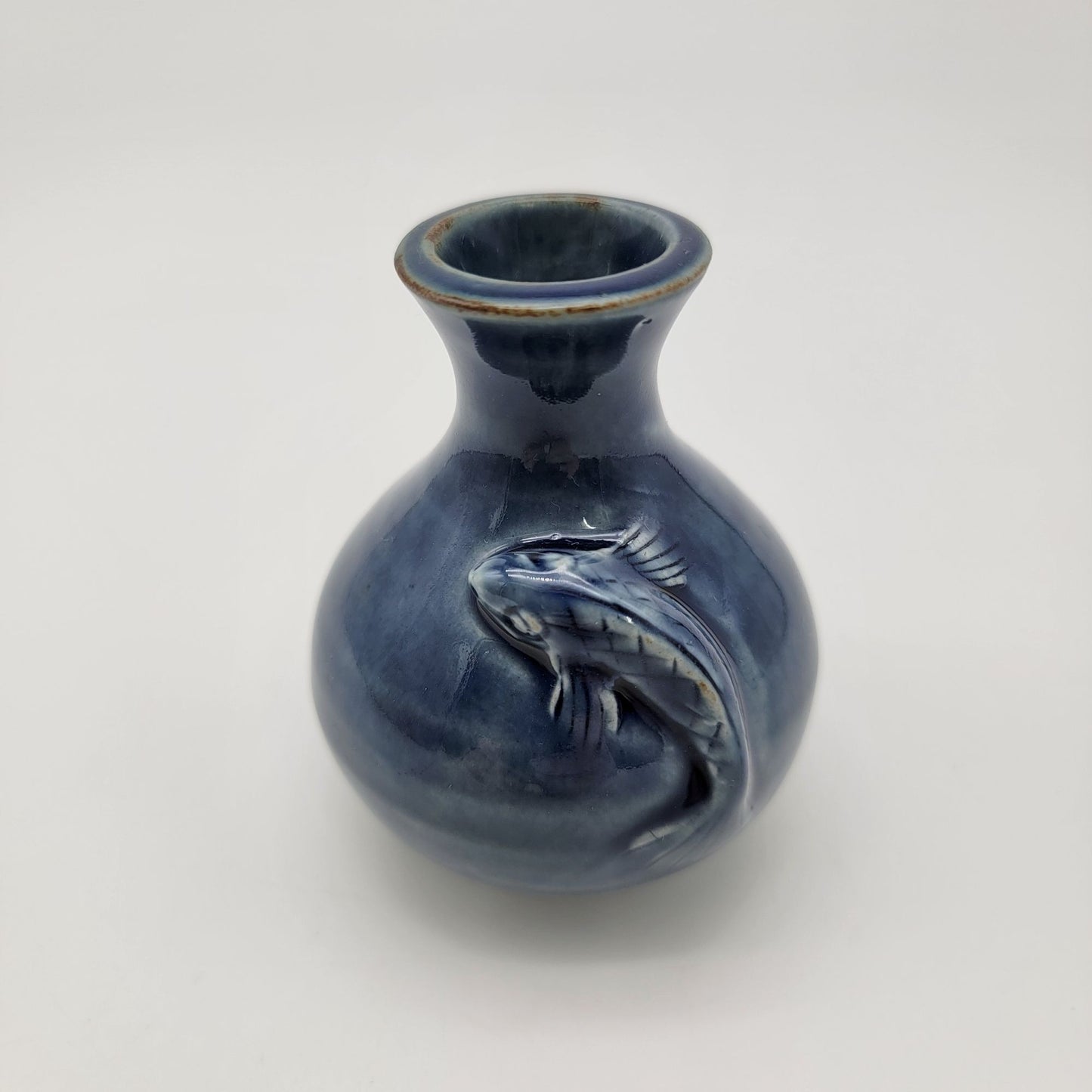 Vintage Blue Pottery Vase With Relief Fish Motif