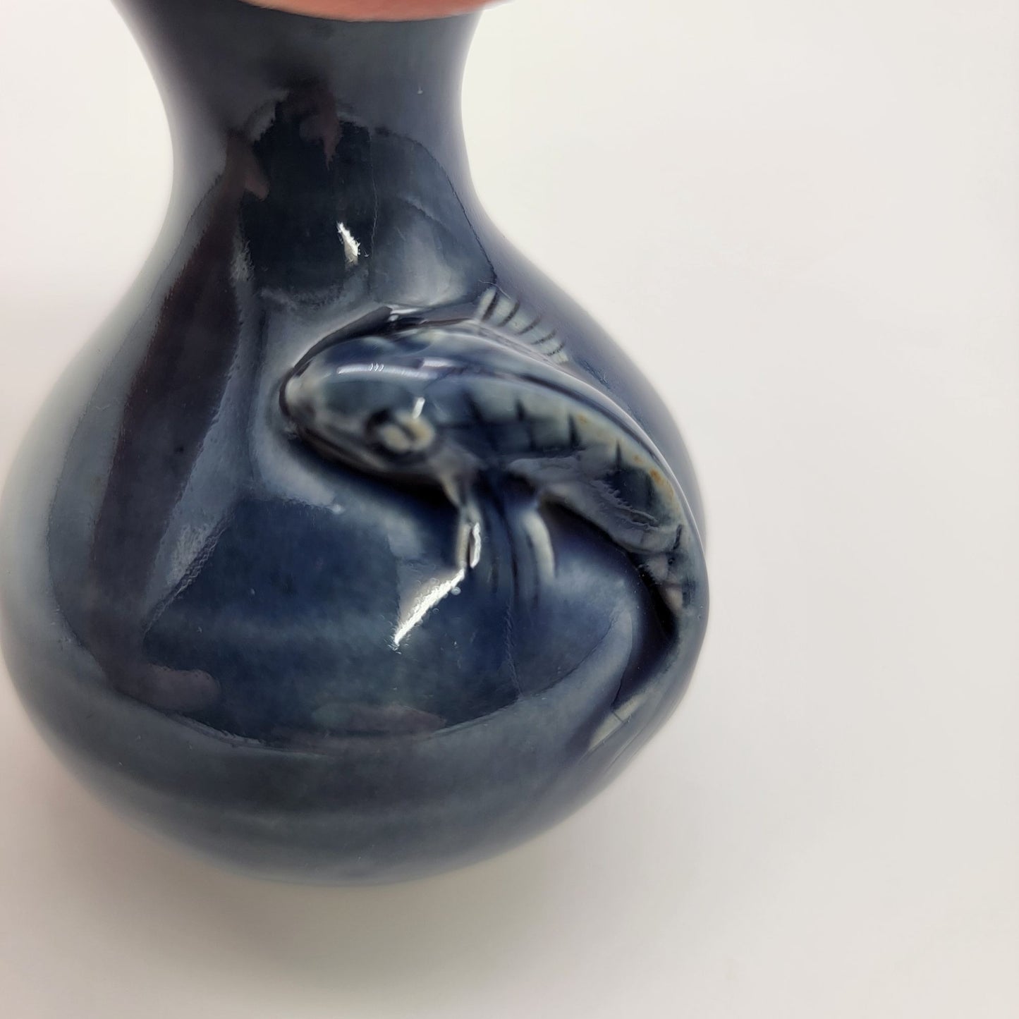 Vintage Blue Pottery Vase With Relief Fish Motif