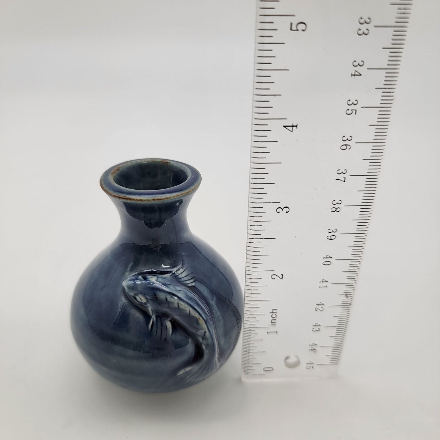 Vintage Blue Pottery Vase With Relief Fish Motif