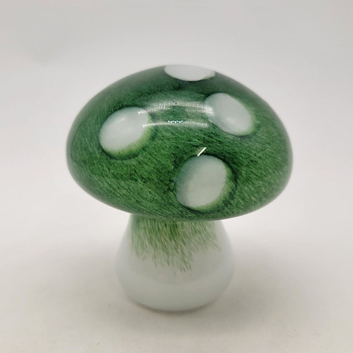Green & White Polka Dot Art Glass Mushroom Sculpture