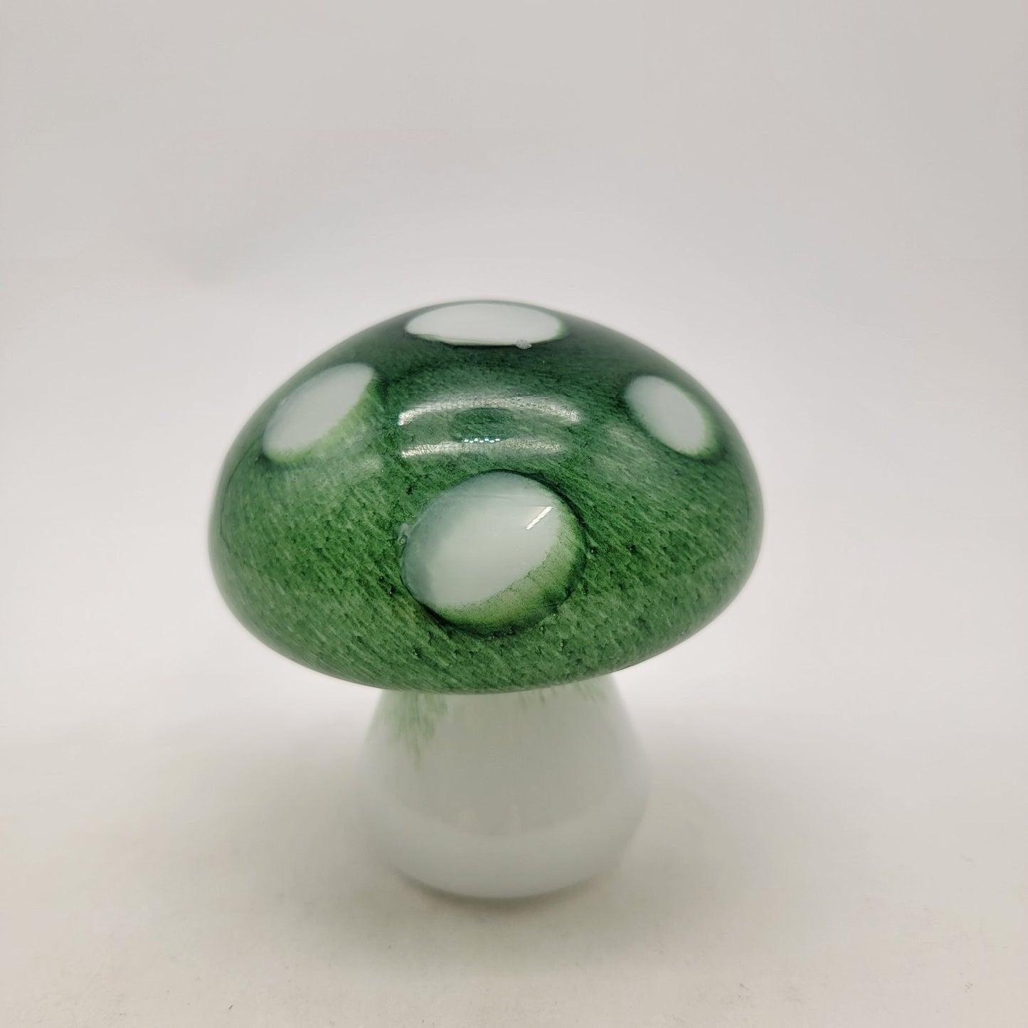 Green & White Polka Dot Art Glass Mushroom Sculpture