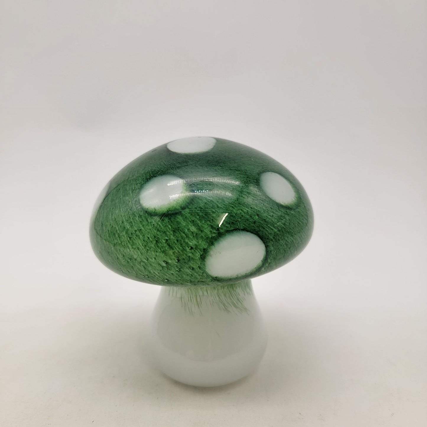 Green & White Polka Dot Art Glass Mushroom Sculpture