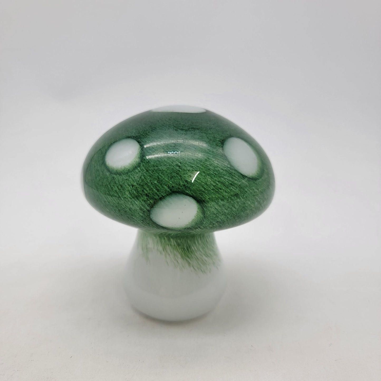 Green & White Polka Dot Art Glass Mushroom Sculpture