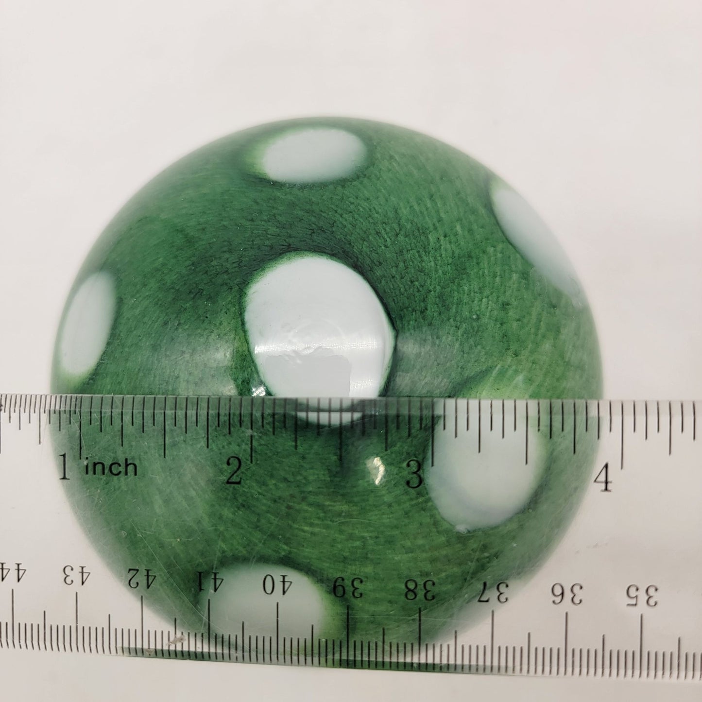 Green & White Polka Dot Art Glass Mushroom Sculpture