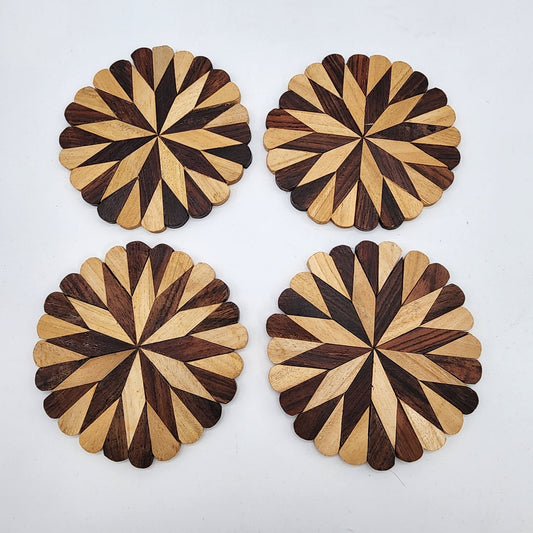 Handcrafted Wooden Coaster Set Of 4 With Intricate Geometric Pattern