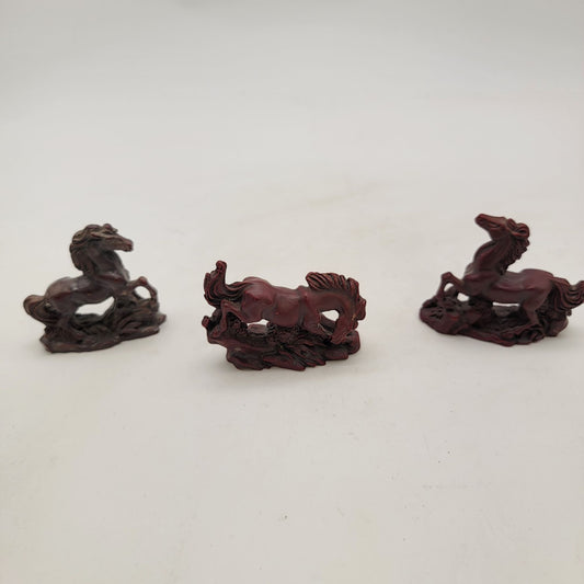 Set Of Three Vintage Dark Wood Carved Horse Figurines