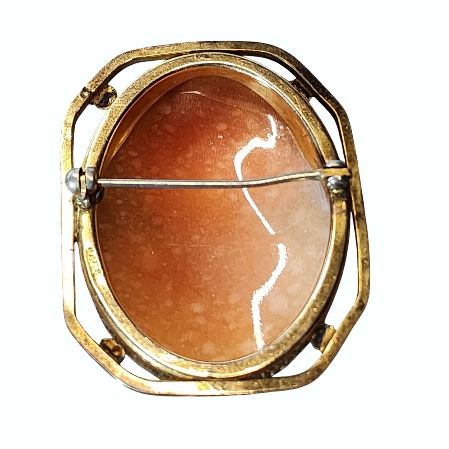 Antique 14K Gold Carnelian Shell Cameo Brooch Pin Squared Open Frame