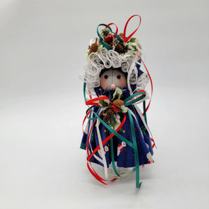 Vintage Small Handmade Fabric Christmas Mouse Doll With Blue Snowman