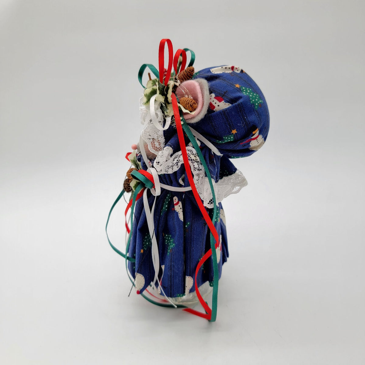 Vintage Small Handmade Fabric Christmas Mouse Doll With Blue Snowman