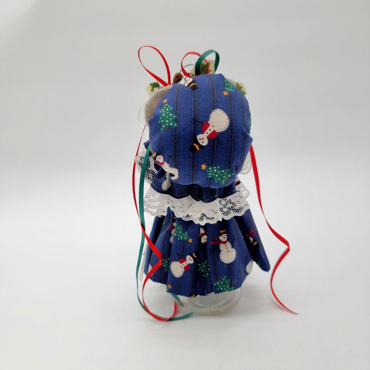 Vintage Small Handmade Fabric Christmas Mouse Doll With Blue Snowman