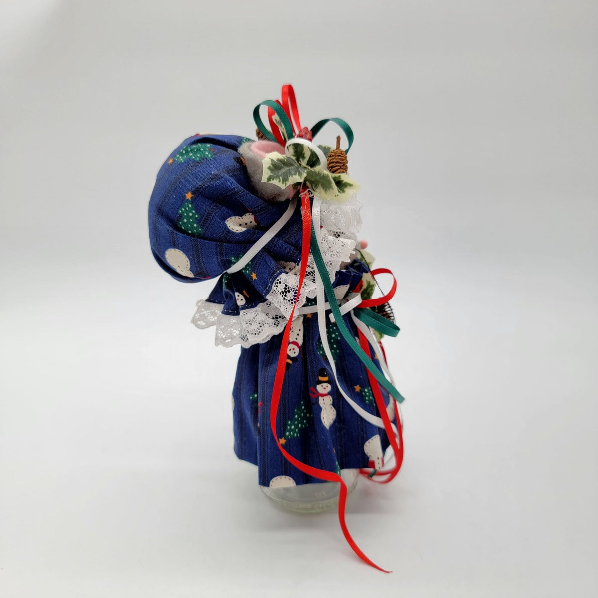 Vintage Small Handmade Fabric Christmas Mouse Doll With Blue Snowman