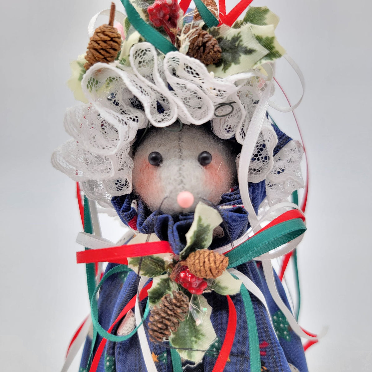 Vintage Small Handmade Fabric Christmas Mouse Doll With Blue Snowman
