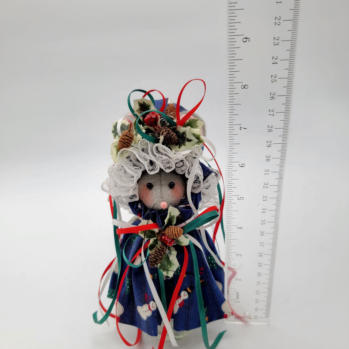 Vintage Small Handmade Fabric Christmas Mouse Doll With Blue Snowman