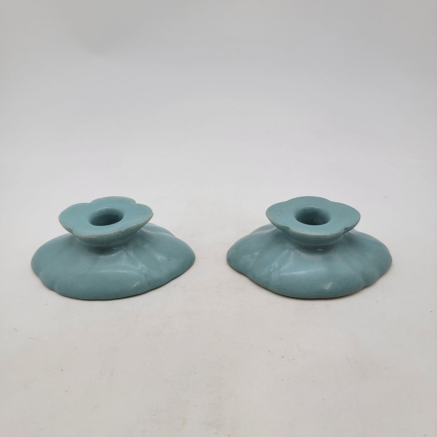 Vintage Pair of 1920s Weller Pottery Turquoise Blue Candle Holders As Found