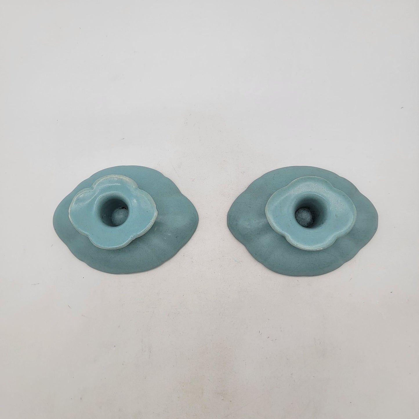 Vintage Pair of 1920s Weller Pottery Turquoise Blue Candle Holders As Found