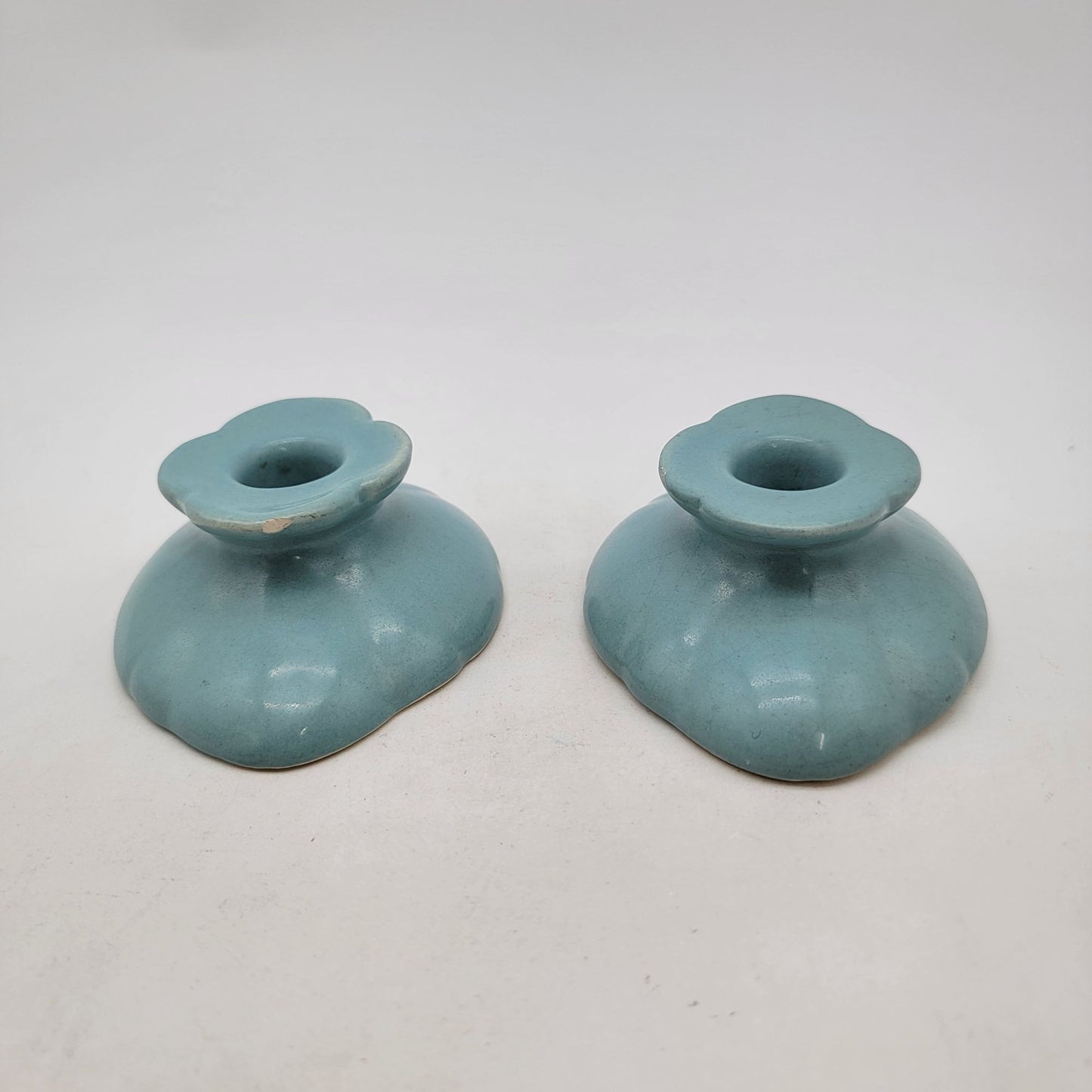 Vintage Pair of 1920s Weller Pottery Turquoise Blue Candle Holders As Found