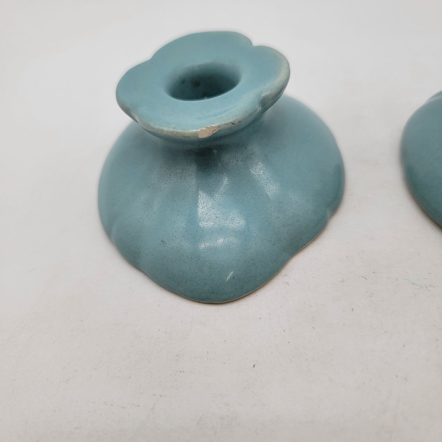 Vintage Pair of 1920s Weller Pottery Turquoise Blue Candle Holders As Found