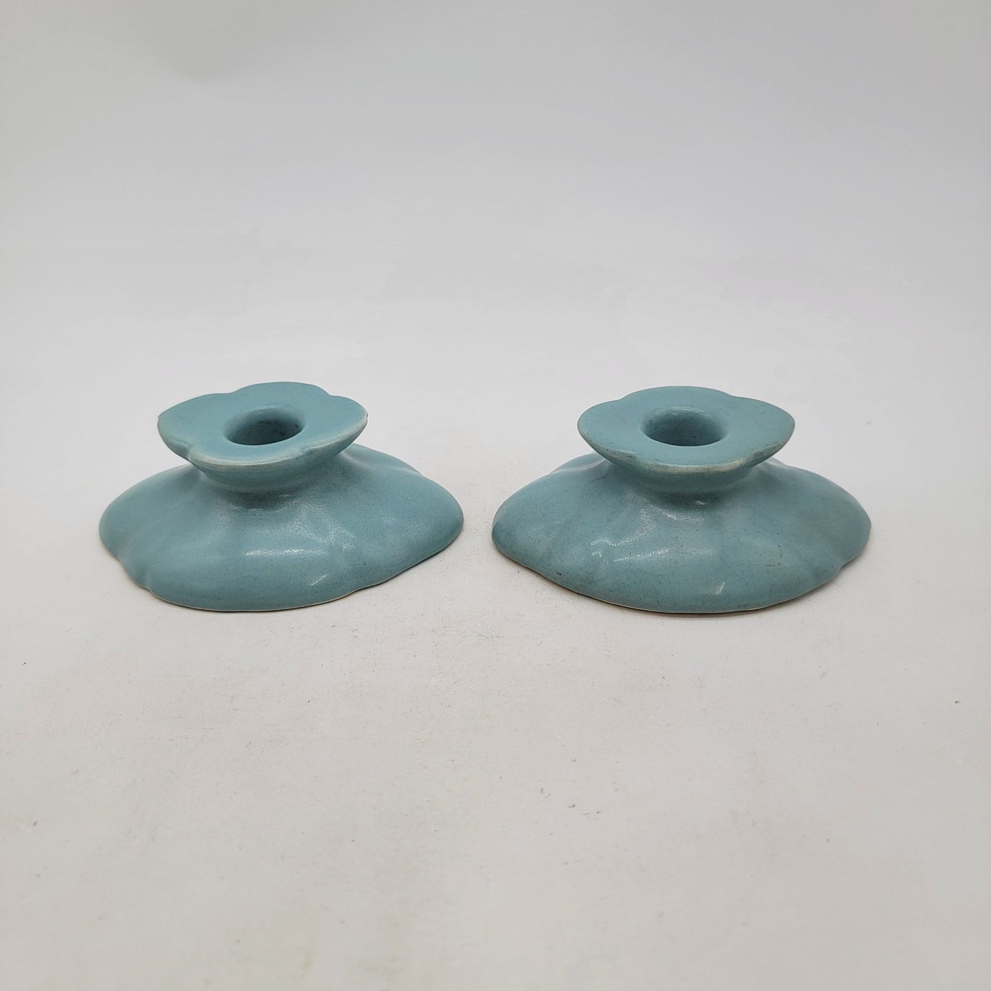 Vintage Pair of 1920s Weller Pottery Turquoise Blue Candle Holders As Found