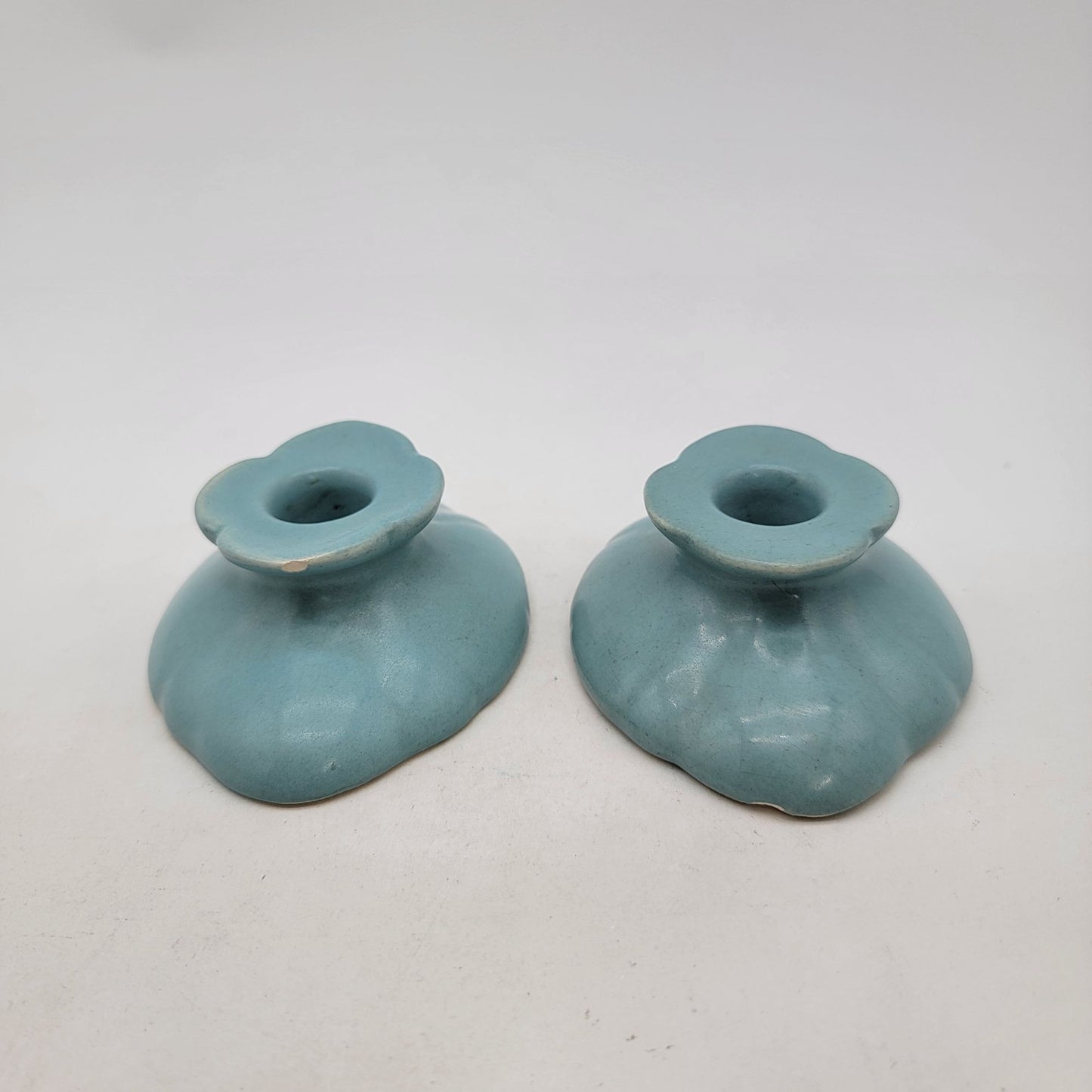Vintage Pair of 1920s Weller Pottery Turquoise Blue Candle Holders As Found