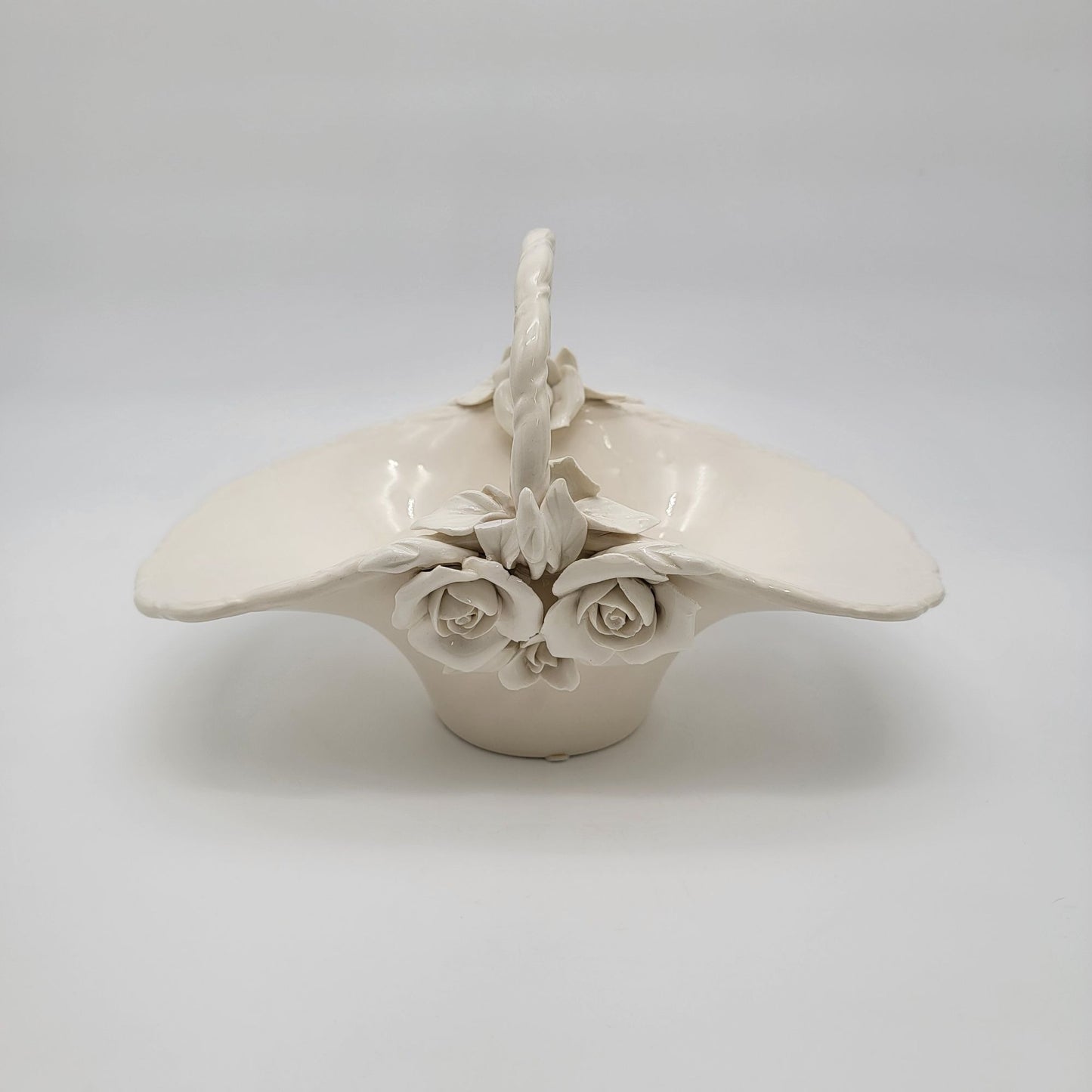 Large White Pottery Basket With Sculpted Roses